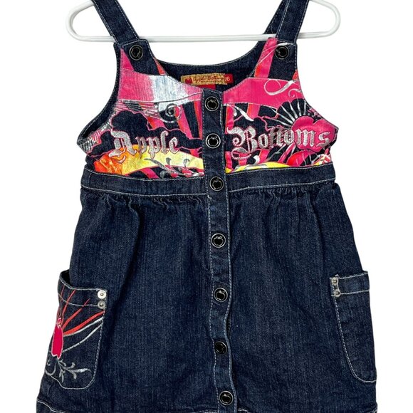 Apple Bottoms Girls Denim Jumper Dress Size 5 6 Blue Pink Graphic Pockets - Picture 1 of 10